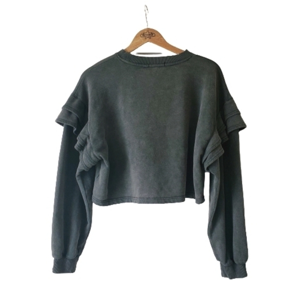 7FAMK 7 For All Mankind Women's Cropped Ruffle Shoulder Dark Gray Sweatshirt - Picture 13 of 14